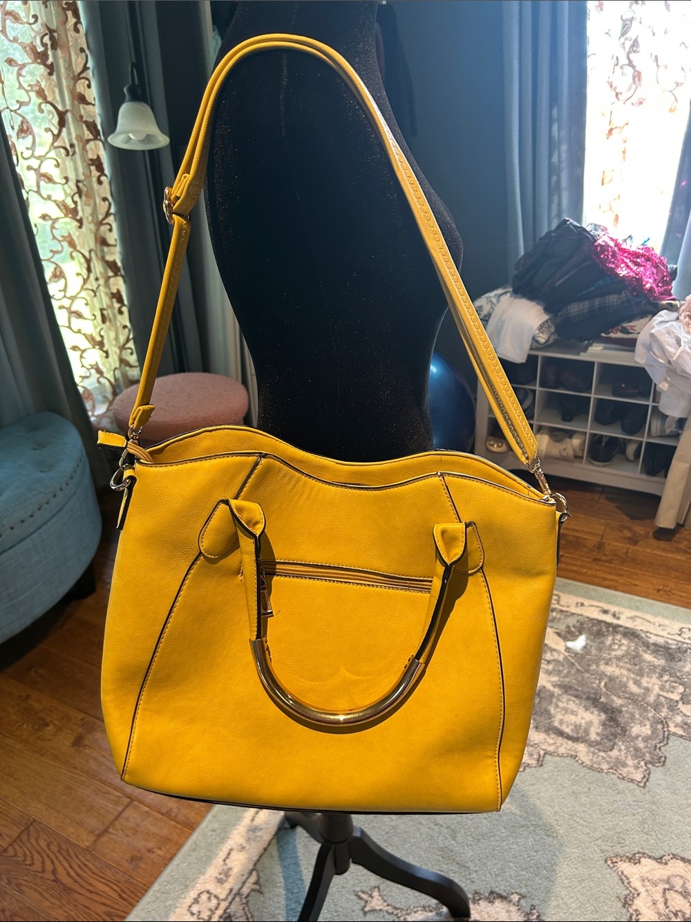 Bright Yellow Structured Shoulder Bag with Front Zip Pocket
